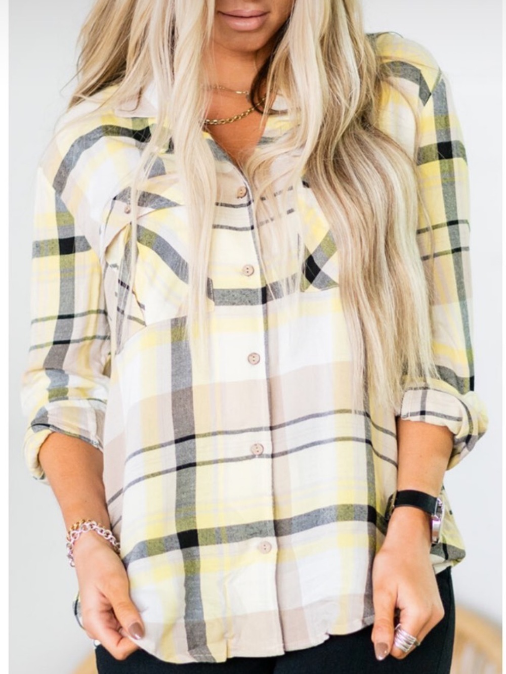 Promesa Button Down Plaid Shirt - Size S, Yellow/Gray/White
